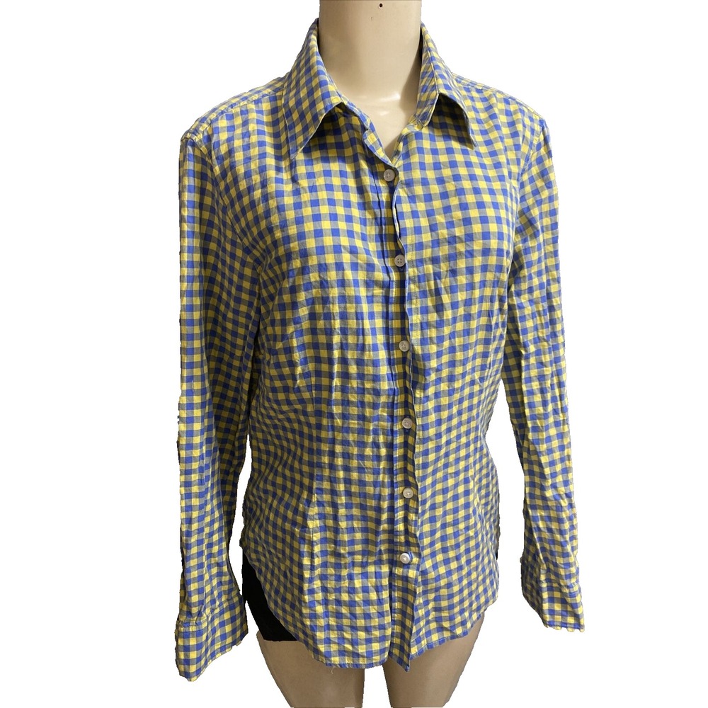 J. MCLAUGHLIN Women Blue & Yellow Plaid Cotton Button up  Long Sleeve Shirt Sz 8